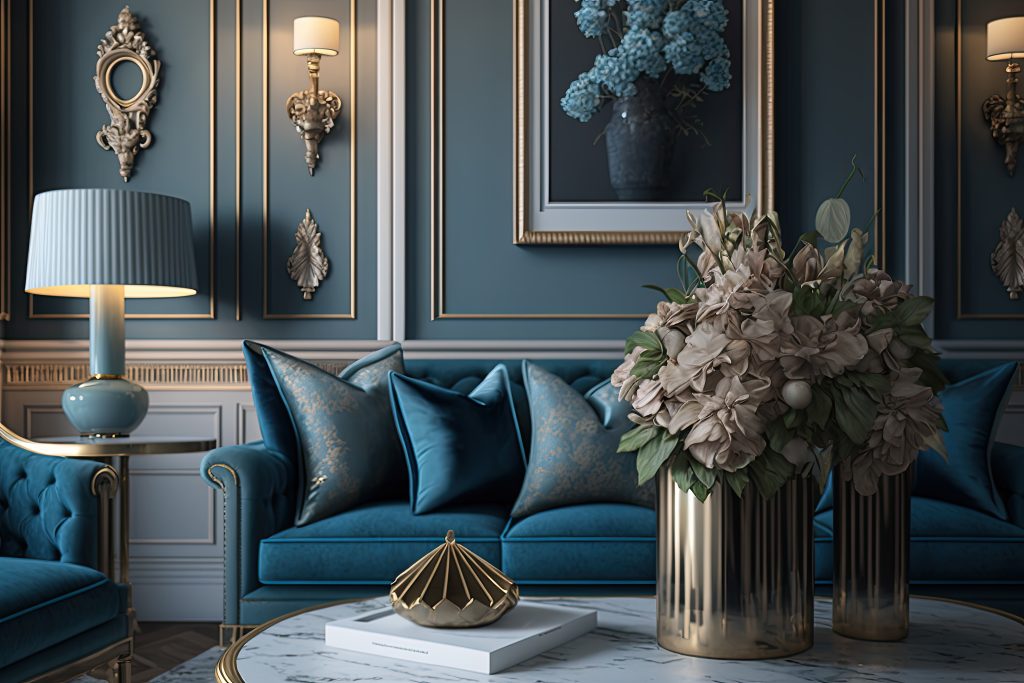 living room with blue sofa vase flowers coffee table