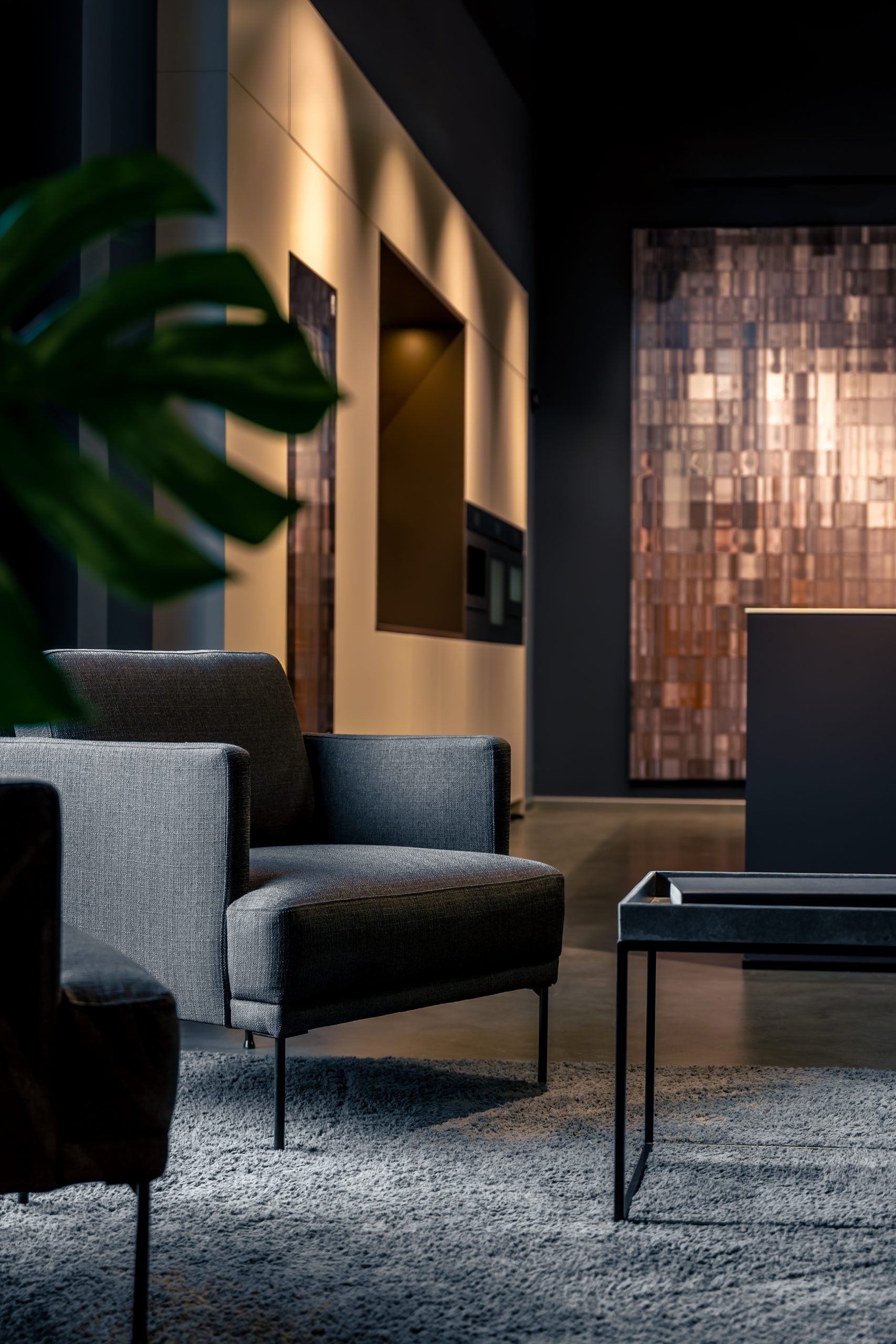 Testimonials modern armchair in luxury interior. stylish living room with warm ambient lighting.